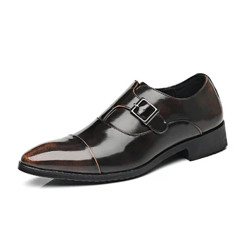 2024 Луксозни мъжки кожени обувки кафяв цвят, бизнес мъжки обувки с остри пръсти, дантелени сватбени обувки в черен цвят