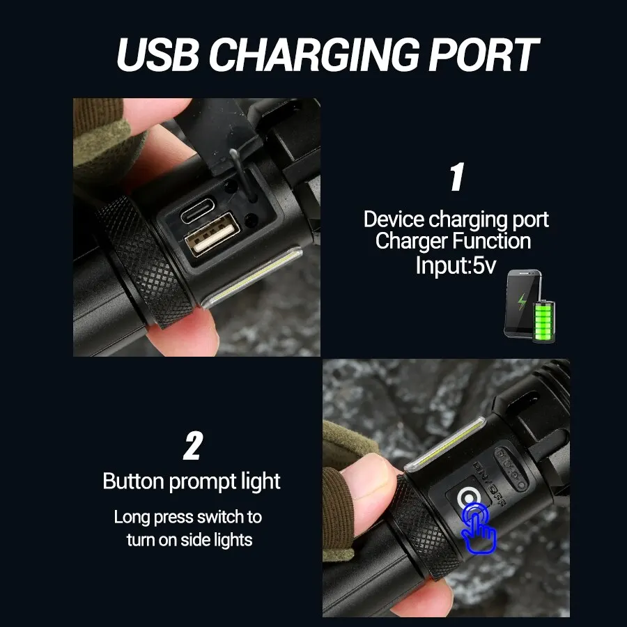 Супер Ярък XHP50 Мощен led фенер Power Bank Факел Light USB Акумулаторна походный тактически фенер с КОЧАН лампа . ' - ' . 4