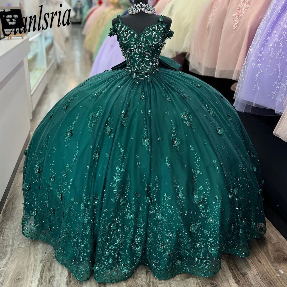 Луксозни Тучни Зелени рокли Принцеса 2023, Апликации от кристали с открити рамене, Лъскава Парти по случай Рожден Ден, Сладки 16 Рокли дантела . ' - ' . 0