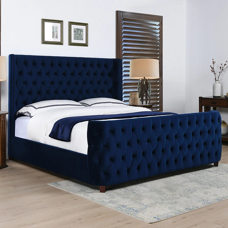 Дизайнерски мебели за спалня от ленена тъкан с високо таблата, луксозна дървена квадратна легло King Size . ' - ' . 1