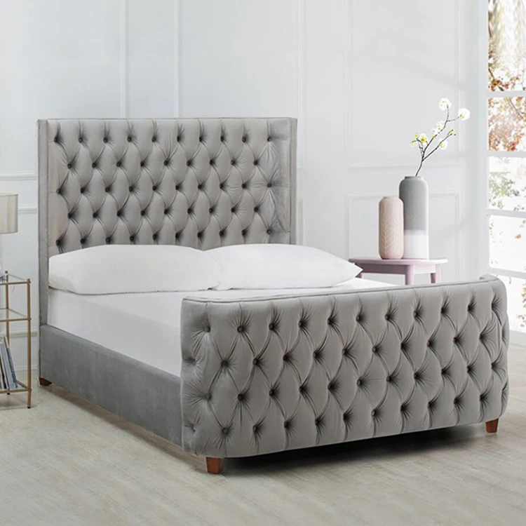 Дизайнерски мебели за спалня от ленена тъкан с високо таблата, луксозна дървена квадратна легло King Size . ' - ' . 2