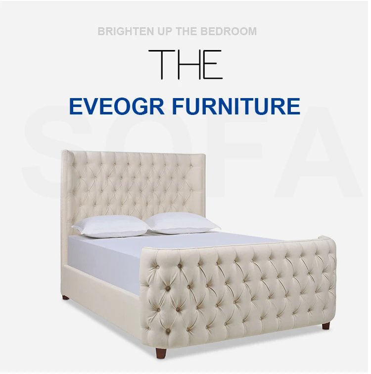 Дизайнерски мебели за спалня от ленена тъкан с високо таблата, луксозна дървена квадратна легло King Size . ' - ' . 3