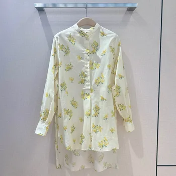23 Europe Walk Show Висококачествена Дамска риза с висока яка от чист памук със златен цветен колосом и пресен селски стил