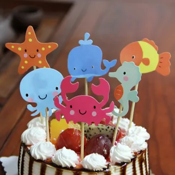 24 бр., топперы за кифли с участието на морски животни, знамена за тортата за партито в чест на рождения ден на момчето, тема русалка, украса за торта за рожден ден
