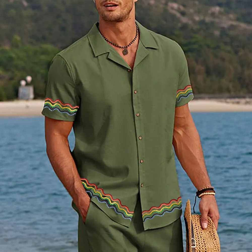Мъжка риза райе с графичен принтом, Кубински яка, Черен, бял, тъмно син, синьо-зелен, Ежедневни градинска дрехи с къс ръкав и принтом Appa . ' - ' . 3