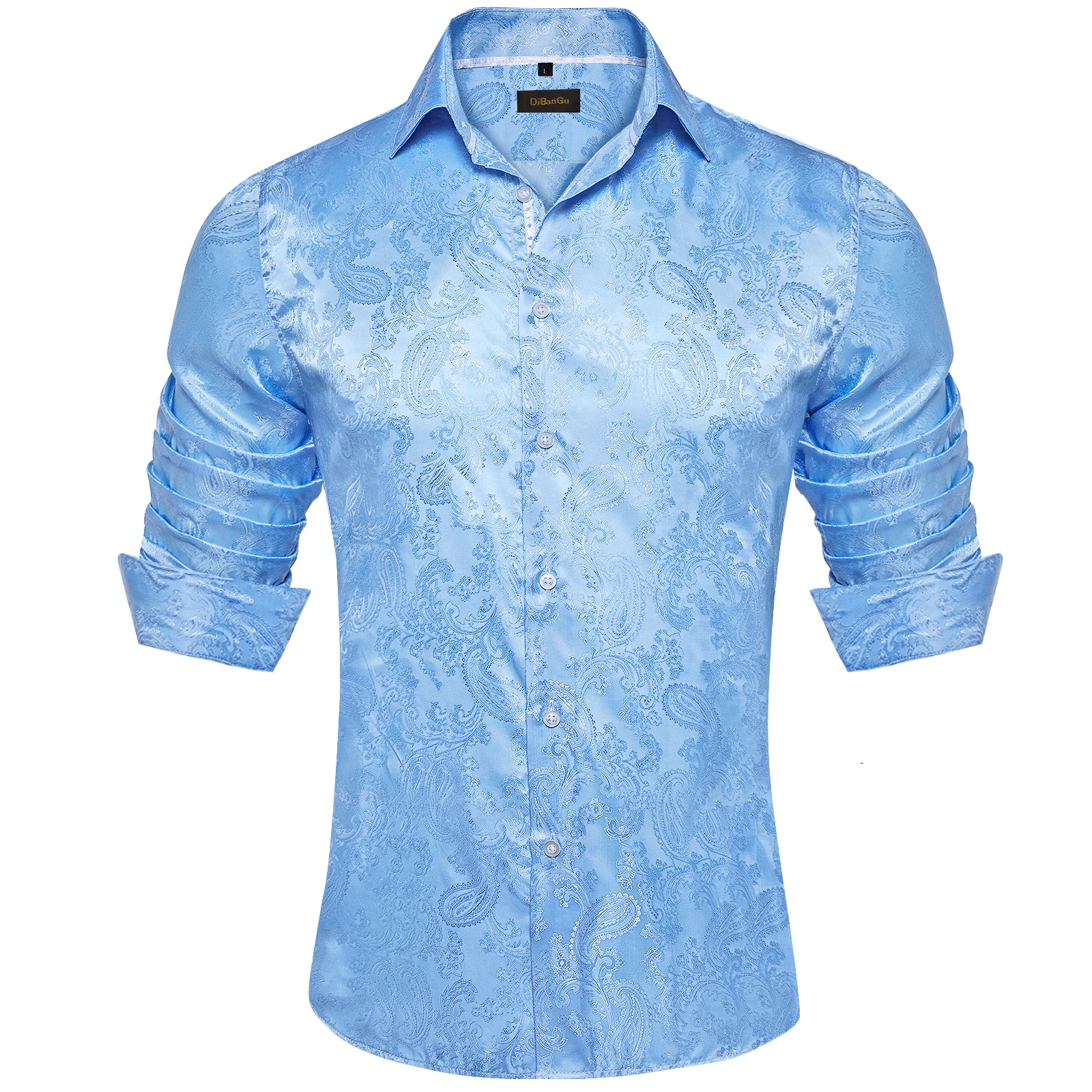 Луксозни Светло сини мъжки копринени ризи за социален живот, смокинг с дълъг ръкав, обикновена ризи и блузи с шарени Вратовръзки, мъжки дрехи . ' - ' . 0