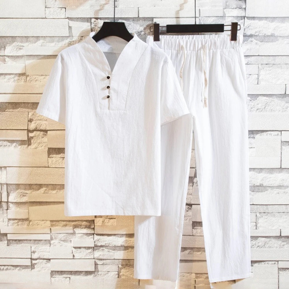 Ново записване, Мъжки памучен и бельо тениска с къс ръкав + Комплект панталон с дължина до щиколоток, Однотонная риза + Панталон, Домашни костюми, Мъжки Размер S-3XL . ' - ' . 0