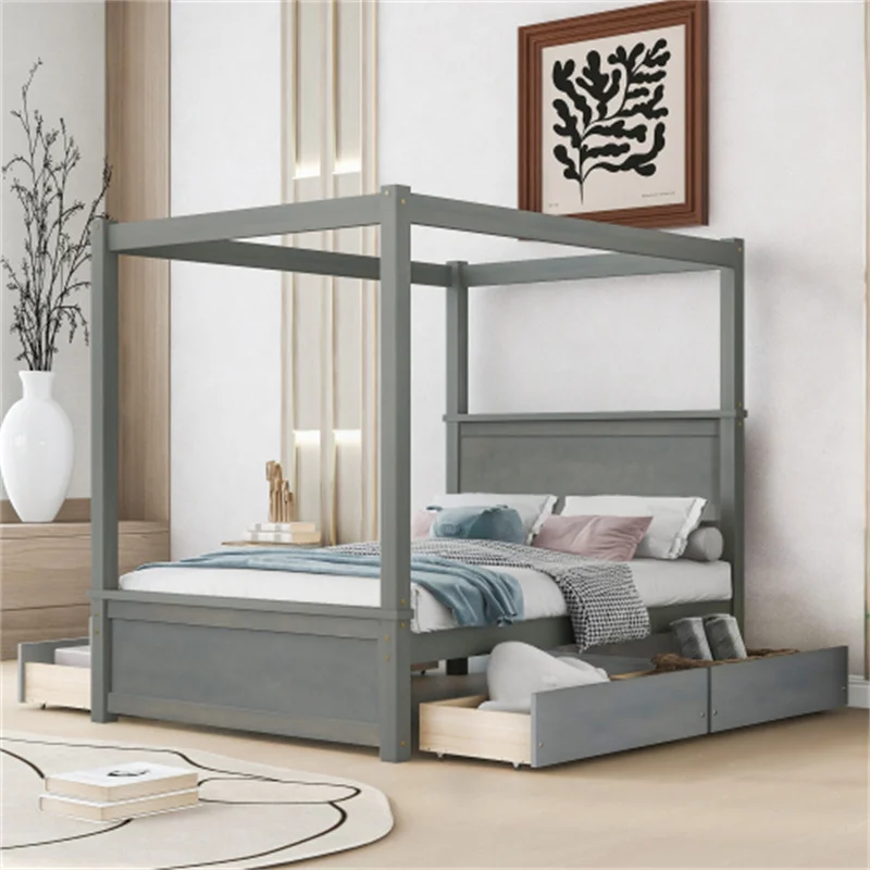 Дървено легло с четири колони и четири чекмеджета, в пълен размер легло на платформата с балдахин и поддерживающими пръчка, за мебели в спалнята не се изисква пружинен блок . ' - ' . 0