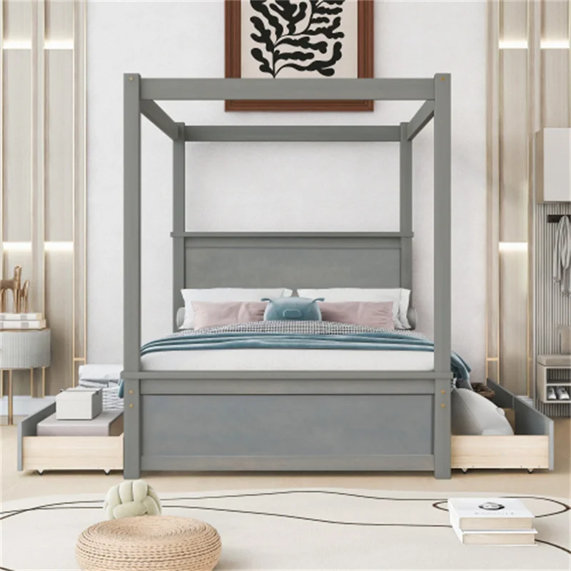 Дървено легло с четири колони и четири чекмеджета, в пълен размер легло на платформата с балдахин и поддерживающими пръчка, за мебели в спалнята не се изисква пружинен блок . ' - ' . 1