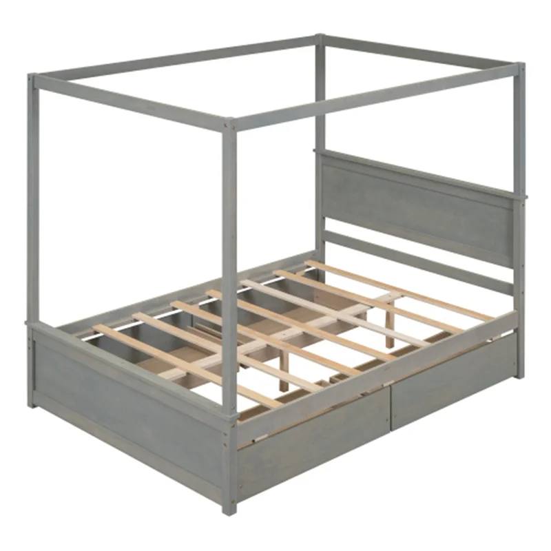 Дървено легло с четири колони и четири чекмеджета, в пълен размер легло на платформата с балдахин и поддерживающими пръчка, за мебели в спалнята не се изисква пружинен блок . ' - ' . 2