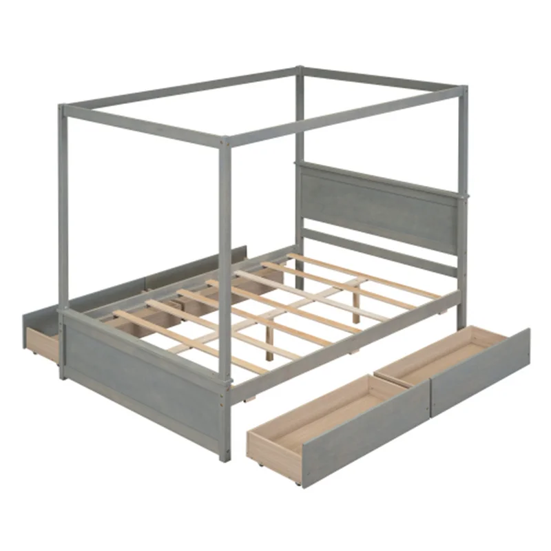 Дървено легло с четири колони и четири чекмеджета, в пълен размер легло на платформата с балдахин и поддерживающими пръчка, за мебели в спалнята не се изисква пружинен блок . ' - ' . 4