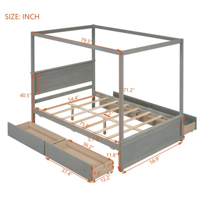 Дървено легло с четири колони и четири чекмеджета, в пълен размер легло на платформата с балдахин и поддерживающими пръчка, за мебели в спалнята не се изисква пружинен блок . ' - ' . 5