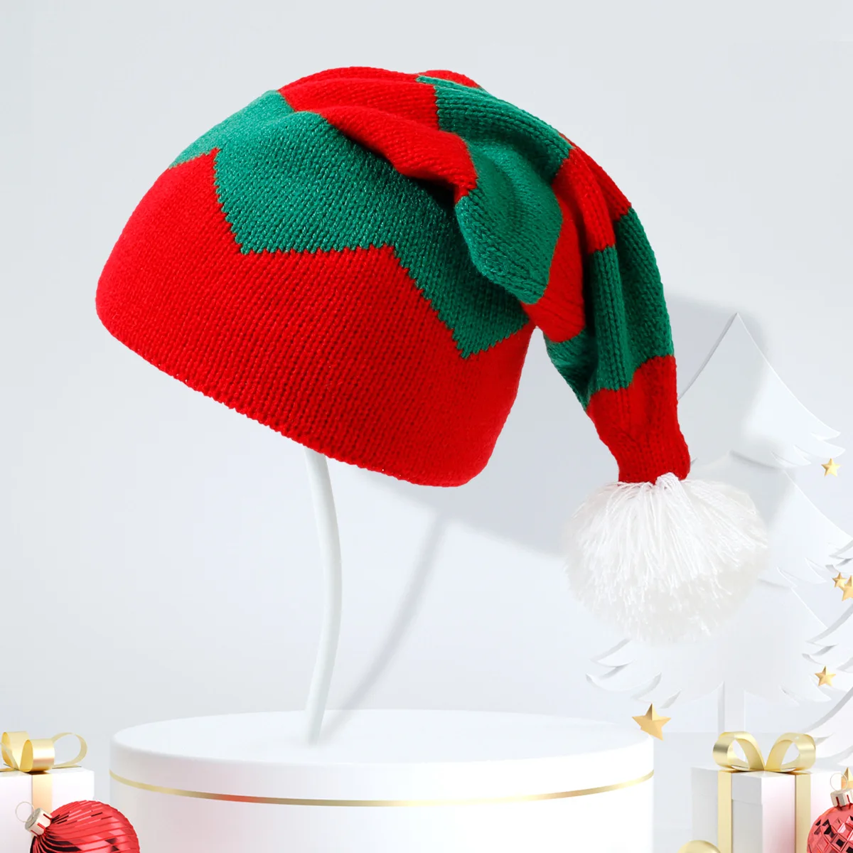 Коледна шапчица Дядо-Бини, Вязаная шапка, един Елф Дядо Коледа, Червено-Зелено Вязаная подарък шапка на една кука, честита Нова Година 2024, весела Коледа, Шапки . ' - ' . 0