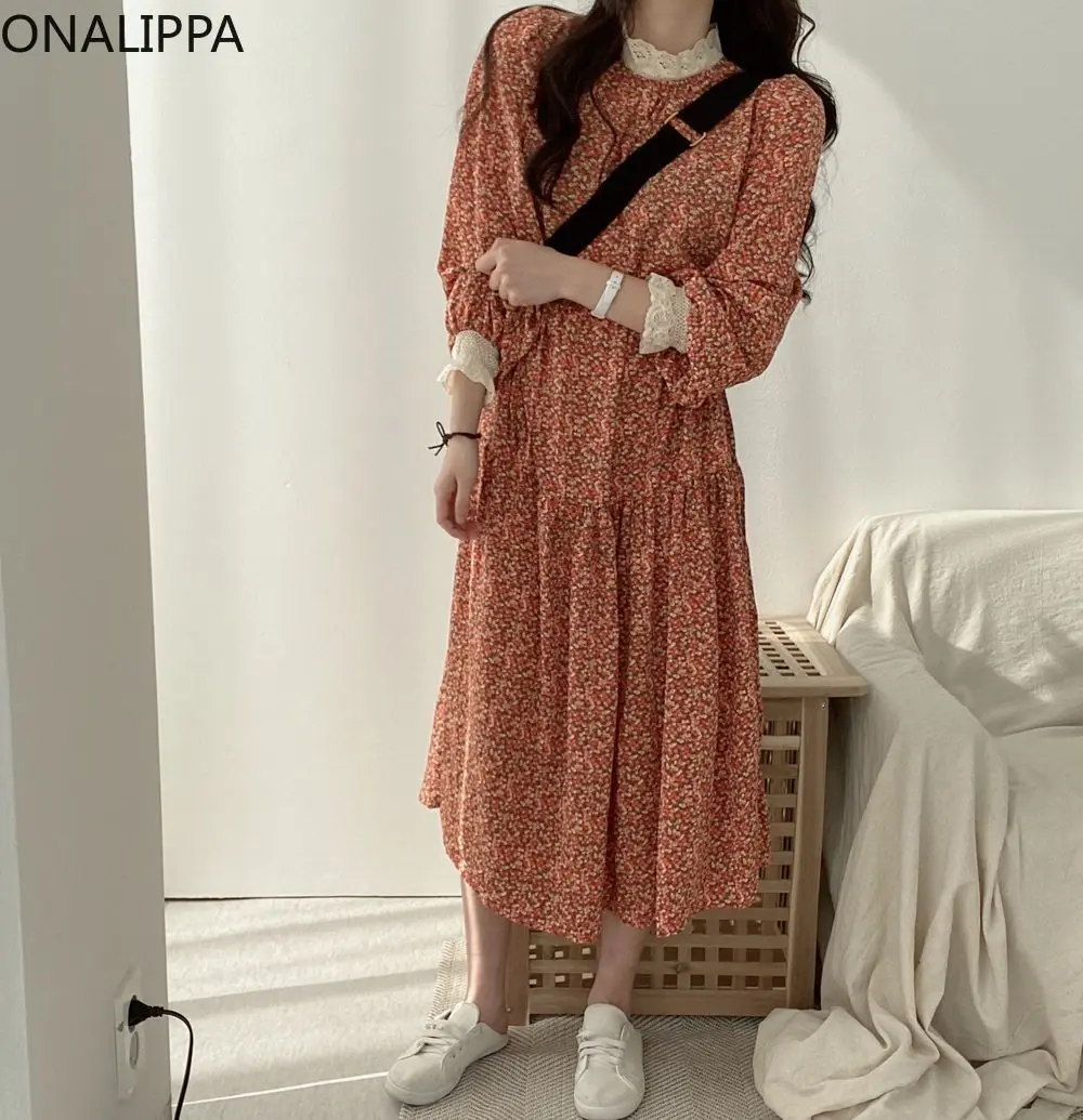 Дантелено рокля-часова рецепция с яка издържа от Onalippa, за Разлика рокля с цветен Модел, Дантелени яка, Дълги ръкави, Сладък Рокли в корейски стил, Vestidos Трапецовидна форма, с висока талия . ' - ' . 3