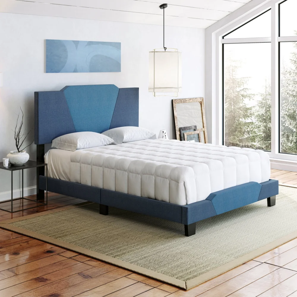 Рамка на легло Boyd Sleep Tuscany с геометрична материи от лен цвят на океана и средно-синьо . ' - ' . 0