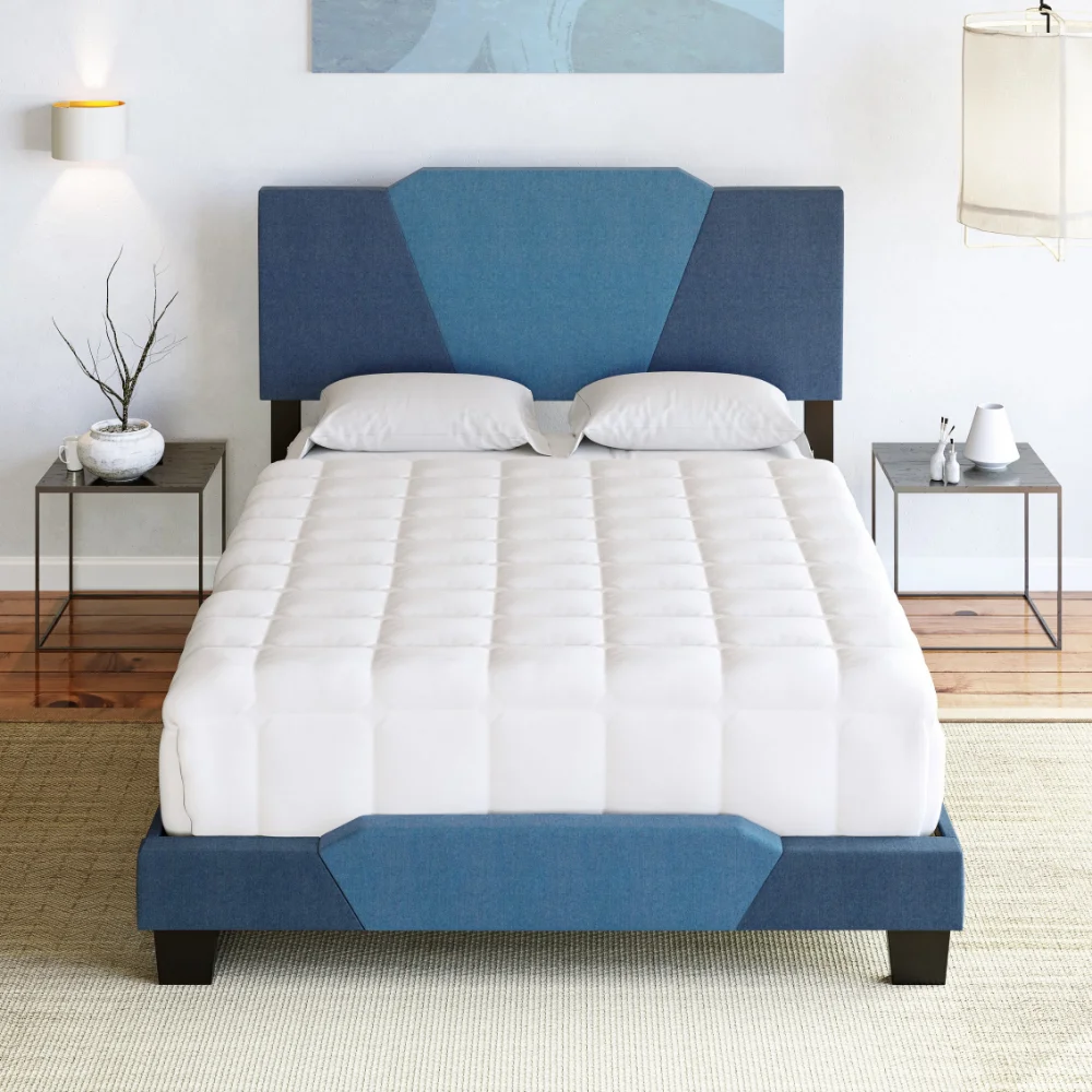 Рамка на легло Boyd Sleep Tuscany с геометрична материи от лен цвят на океана и средно-синьо . ' - ' . 5