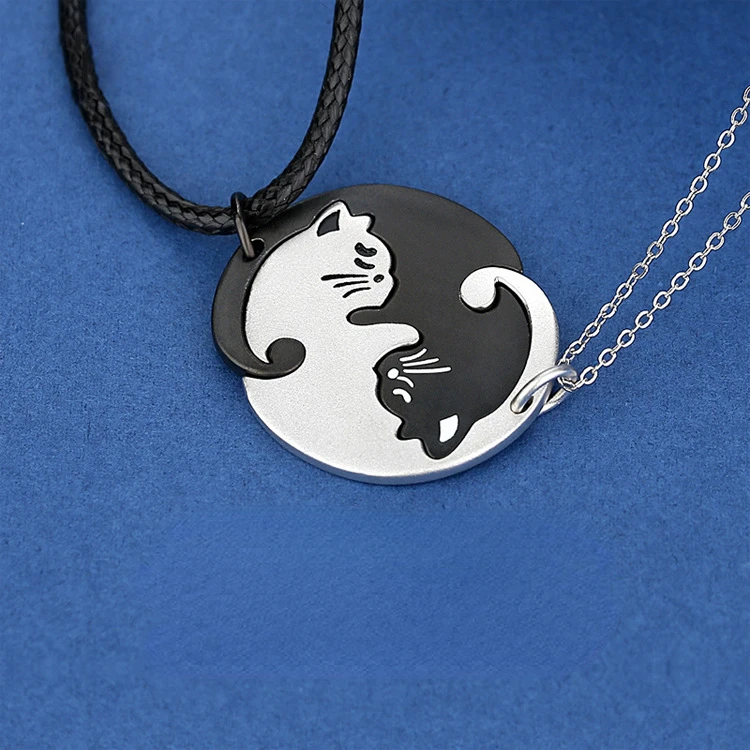 Колие от сребро S925 Проби, проста мъжки и дамски медальон във формата на котка, черно-бяла яка, верига за заплитането на двойки, украса за колиета . ' - ' . 0