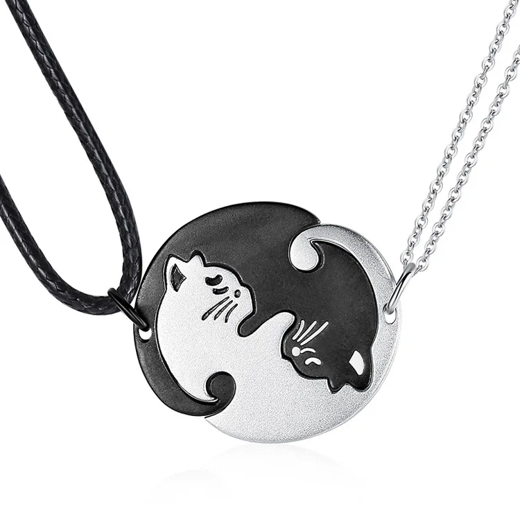 Колие от сребро S925 Проби, проста мъжки и дамски медальон във формата на котка, черно-бяла яка, верига за заплитането на двойки, украса за колиета . ' - ' . 4