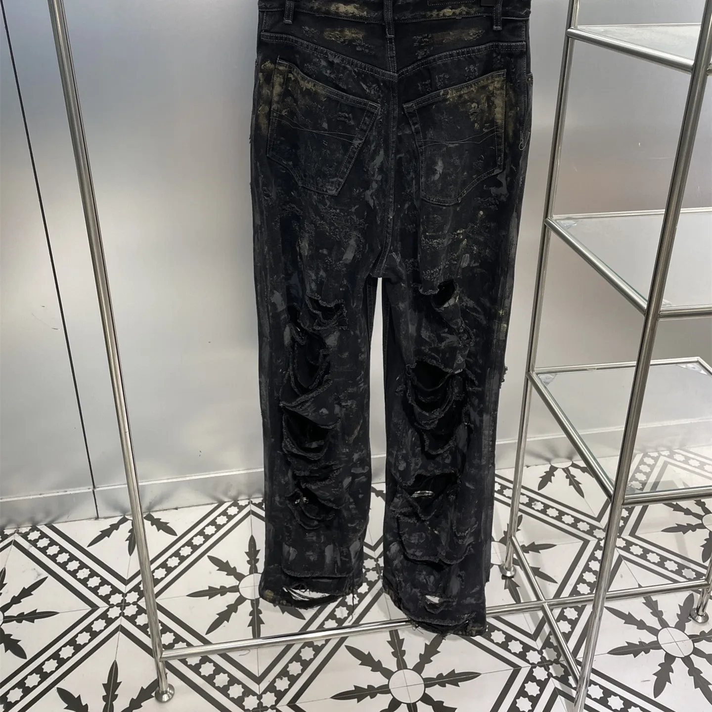Луксозни маркови черни дънки с ожулвания, оригинални дизайнерски мъжки панталони с дупки, високо качество на известни дамски панталони, с петна . ' - ' . 0