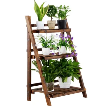 3-Ярусная Сгъваема дървена стълба, Багажник за цветя и растения, поставка за показване на закрито или на открито