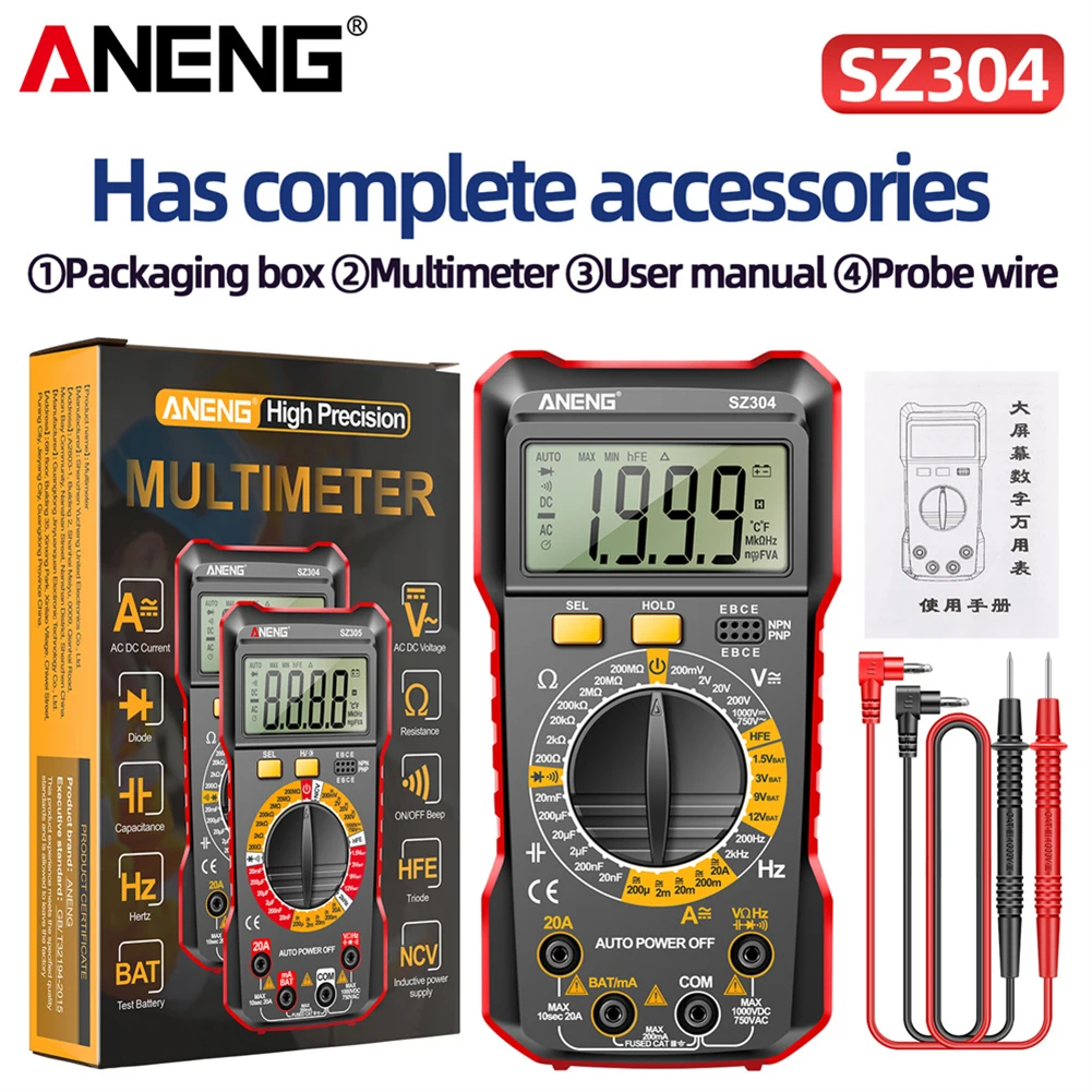 ANENG SZ304 Цифров Мултицет ac/dc Амперметър Безконтактен Детектор на Напрежение, Тестер за Електрически Ток професионални инструменти, електроматериали . ' - ' . 4