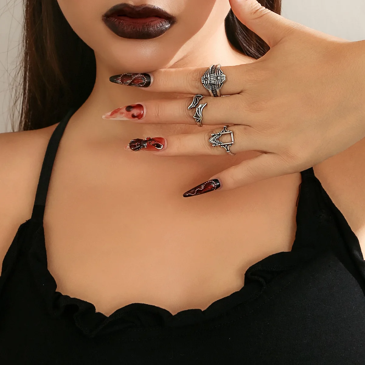 Комплект пръстени с регулируем отвор в стил Тъмен пънк за жени, Индивидуалност в стил хип-хоп, Резбовани Геометрия прилеп, Двойка пръстени на палеца, бижута . ' - ' . 3