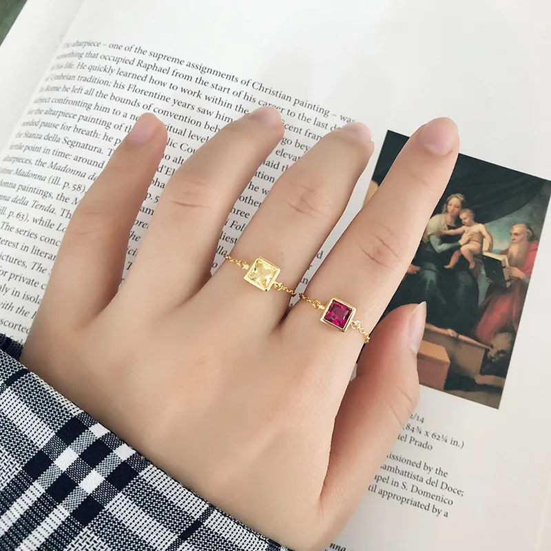 Нов женски пръстен от сребро S925, Модни верига, с Квадратно пръстен с цирконием, Регулируеми бижута от злато 18 Карата, Трупно пръстен . ' - ' . 3