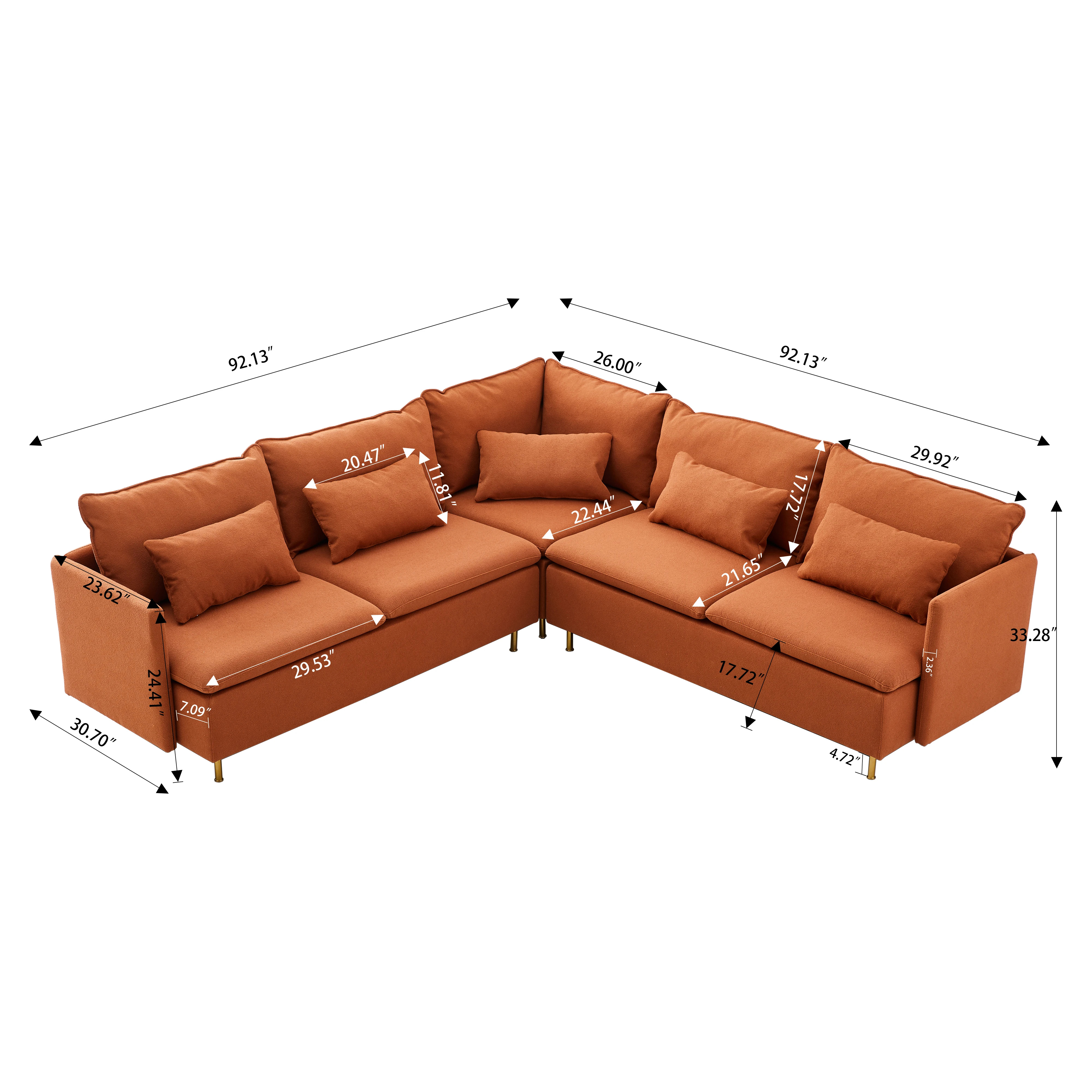 Модерен L-образен диван, кът за Секционни диван с поддържаща възглавница, 92 
