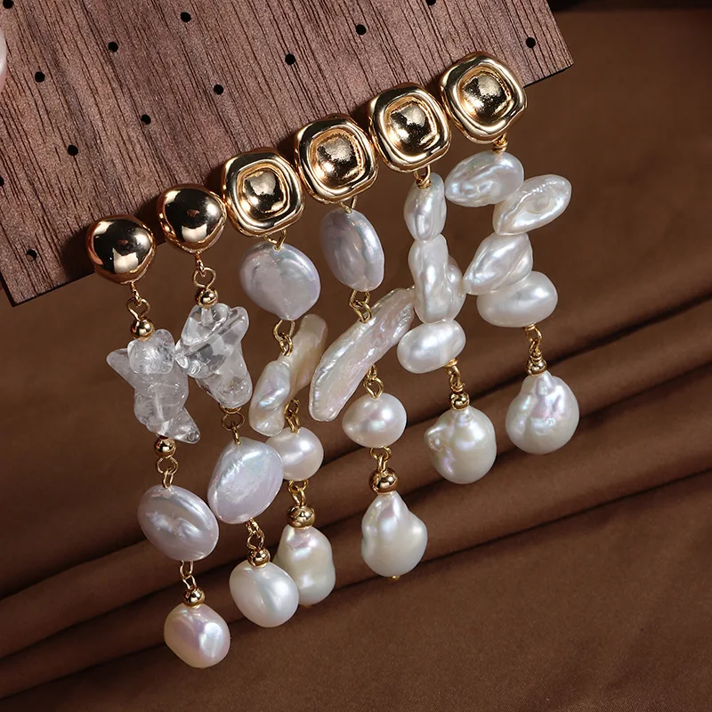 Обеци от естествени сладководни перли, златисто, Нередовен перли в бароков стил, очарователни Дълги обеци-капки с пискюли за жени, Корейски бижута . ' - ' . 1