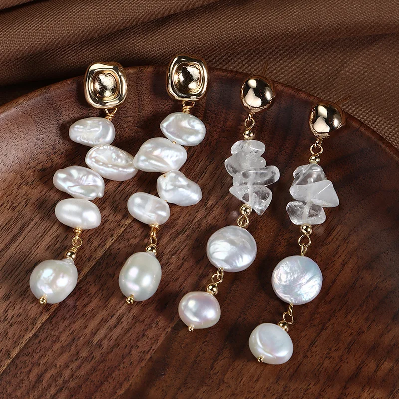 Обеци от естествени сладководни перли, златисто, Нередовен перли в бароков стил, очарователни Дълги обеци-капки с пискюли за жени, Корейски бижута . ' - ' . 2