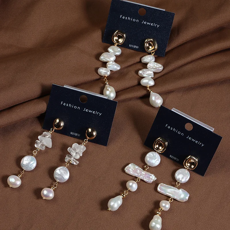 Обеци от естествени сладководни перли, златисто, Нередовен перли в бароков стил, очарователни Дълги обеци-капки с пискюли за жени, Корейски бижута . ' - ' . 3