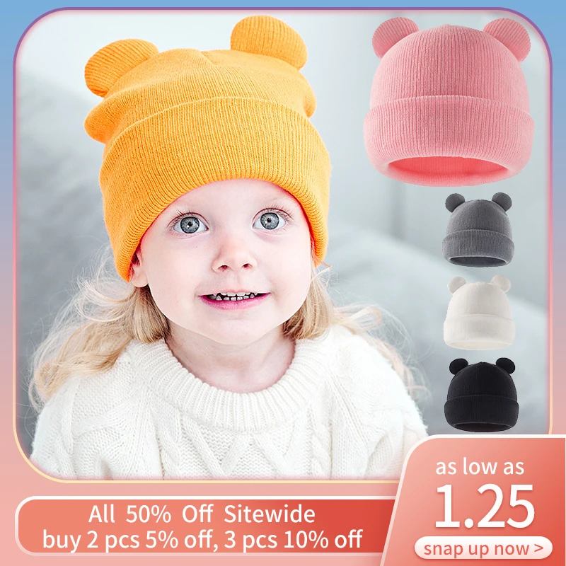 Детски шапки с Мультяшными уши, Однотонная шапка за деца, Вязаная на една кука, Есенно-Зимна Топла шапка за защита на ушите, Детска вязаная капачка . ' - ' . 0