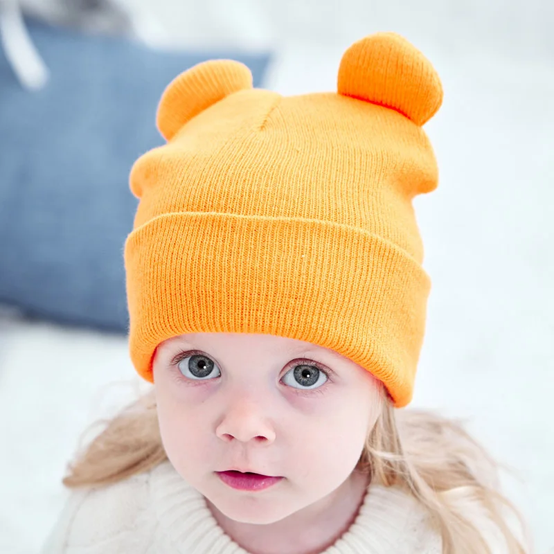 Детски шапки с Мультяшными уши, Однотонная шапка за деца, Вязаная на една кука, Есенно-Зимна Топла шапка за защита на ушите, Детска вязаная капачка . ' - ' . 1