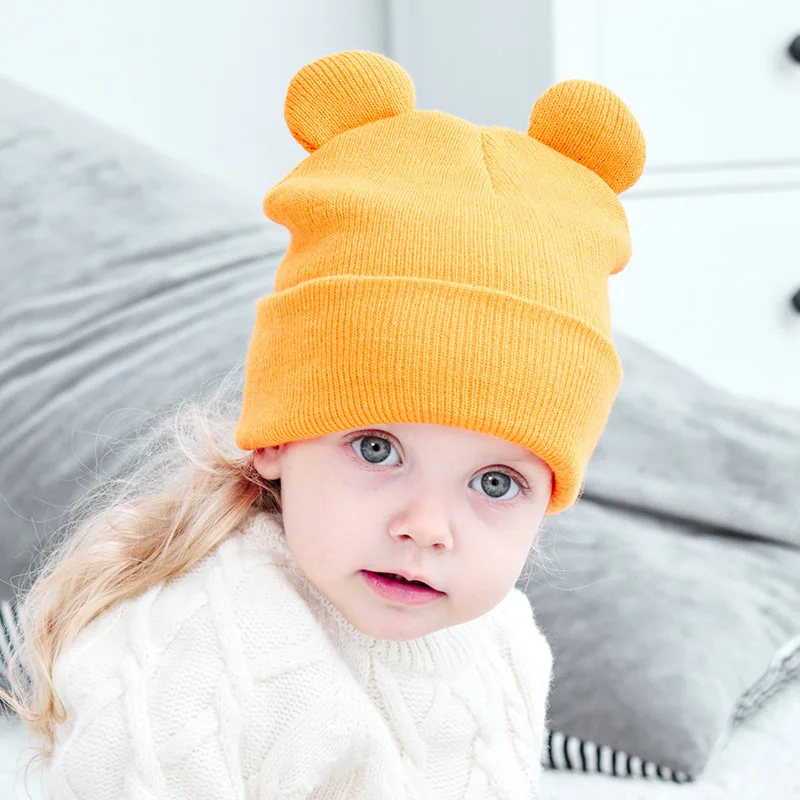 Детски шапки с Мультяшными уши, Однотонная шапка за деца, Вязаная на една кука, Есенно-Зимна Топла шапка за защита на ушите, Детска вязаная капачка . ' - ' . 3