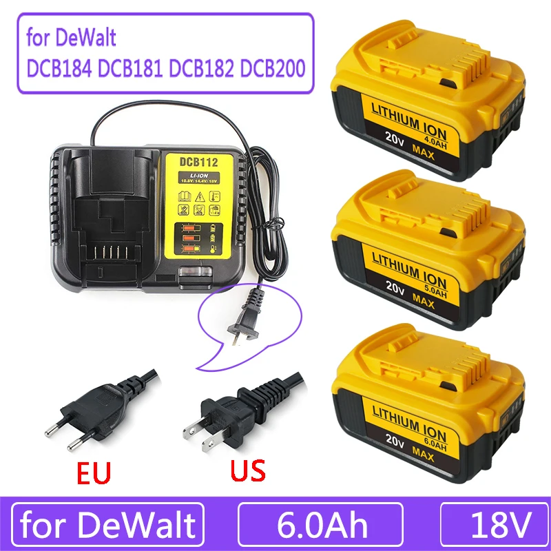 Нов 18V 6.0 Ah MAX XR 18650 Батерия Подмяна на електрически инструменти за DeWalt DCB184 DCB181 DCB182 DCB200 20V 6A 18v Батерия Със зарядно устройство . ' - ' . 0