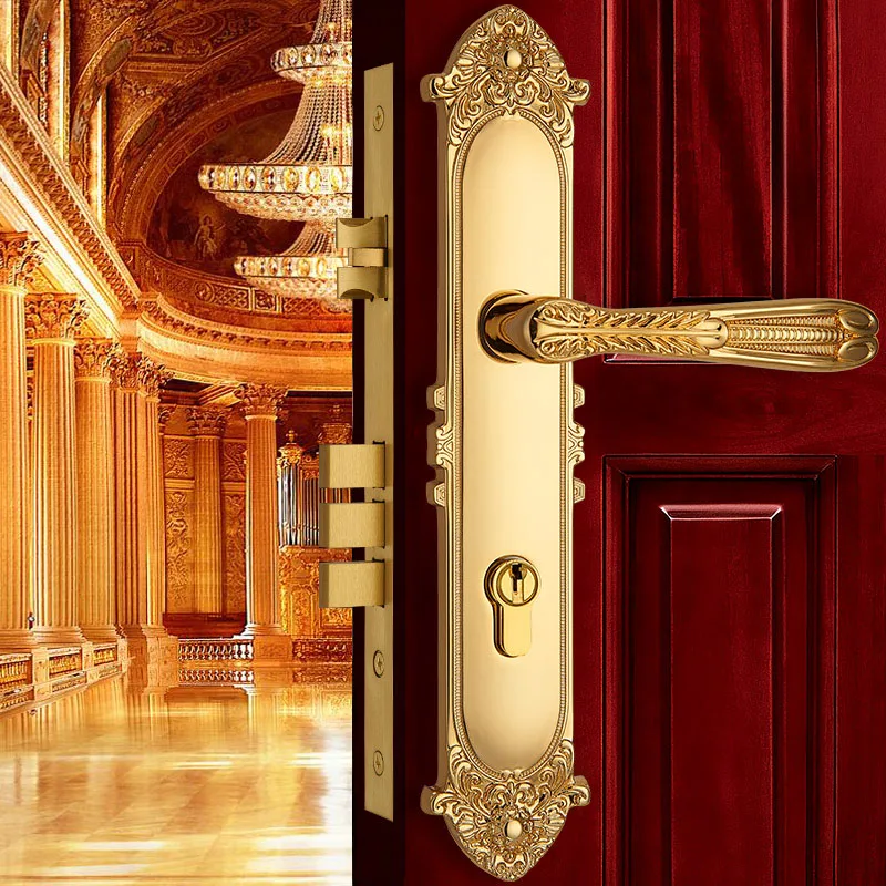 Европейският Месинг Автоматично заключване на вратите Ключалки за влизане на вила, Вратата дръжката е от златисто дърво, комплект ключалки за защита на входната врата, Розово-Златисти Предпазни ключалки за входната врата . ' - ' . 1