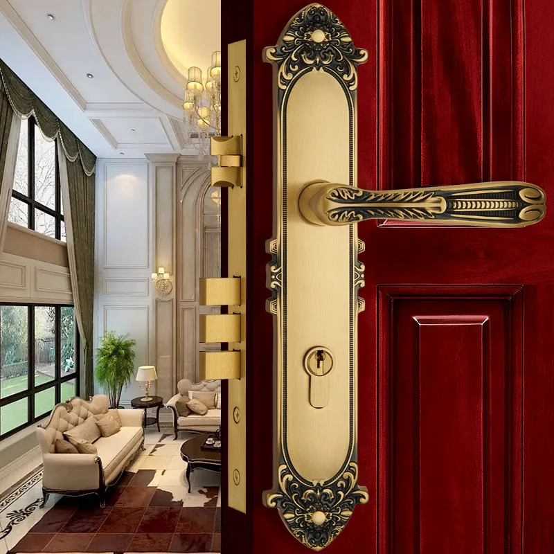Европейският Месинг Автоматично заключване на вратите Ключалки за влизане на вила, Вратата дръжката е от златисто дърво, комплект ключалки за защита на входната врата, Розово-Златисти Предпазни ключалки за входната врата . ' - ' . 4