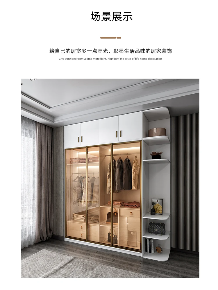Лесен луксозен гардероб със стъклена плъзгаща се врата, малка домакински шкаф за спалня, модерен прост икономичен гардероб с плъзгаща се врата . ' - ' . 1