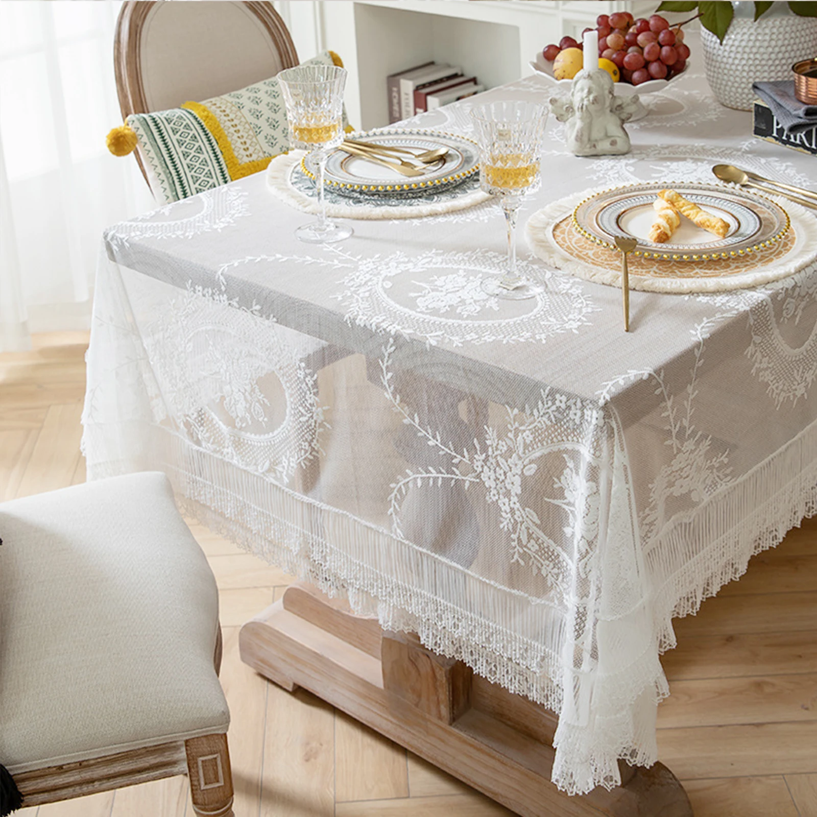 Френска Бяла Лейси Памучен Покривка с бродерия на цветя за украса на сватбени партита, Луксозна покривка за масата . ' - ' . 2