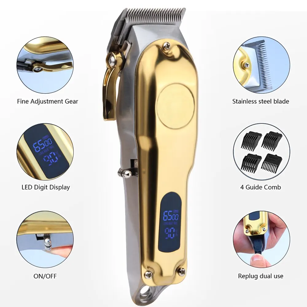 Машина за подстригване на коса с Професионална Електрическа Метална Акумулаторна Машина За Подстригване на Коса Мъжка Самобръсначка Фризьорски салон Машина за подстригване на Коса USB Gold . ' - ' . 1