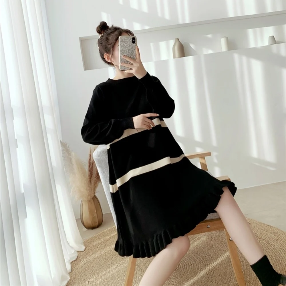 Есента рокля за бременни, Корейски Свободен пуловер на райета, Вълнена рокля с дълъг ръкав, рокля за бременни, Ежедневна рокля за фотосесия . ' - ' . 1