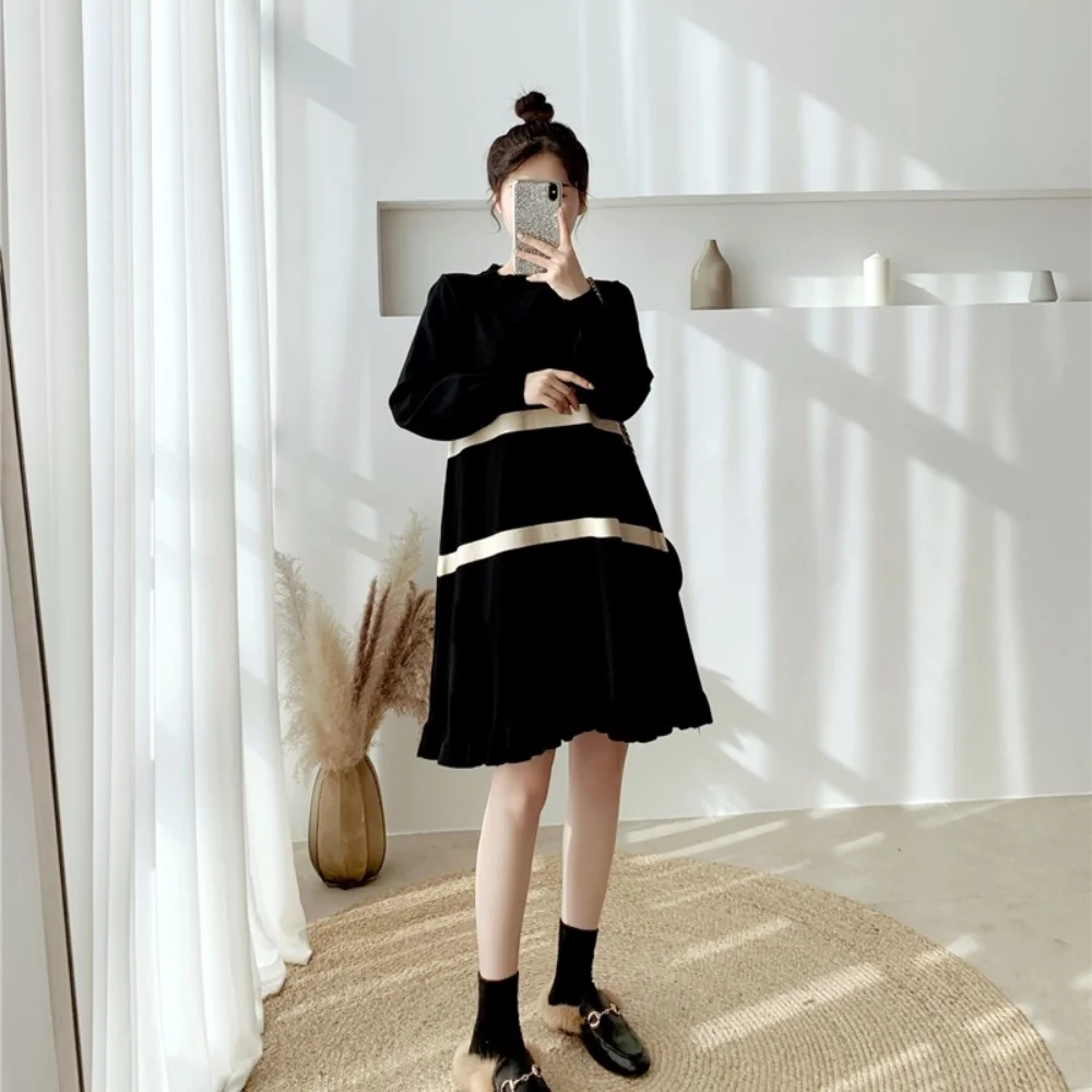 Есента рокля за бременни, Корейски Свободен пуловер на райета, Вълнена рокля с дълъг ръкав, рокля за бременни, Ежедневна рокля за фотосесия . ' - ' . 4