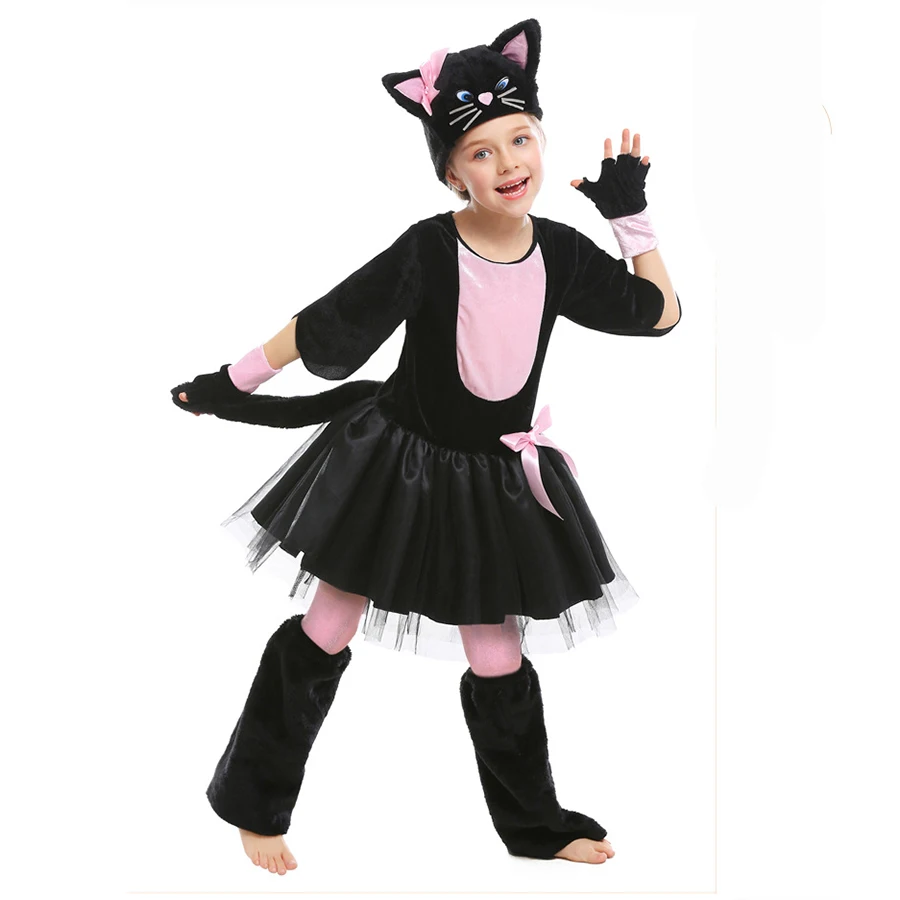 Нов Хелоуин, Карнавальная парти, Mardi Gras, Cosplay, Детски костюм Мис Кити за момичета, Розова рокля с черна котка, костюм . ' - ' . 2