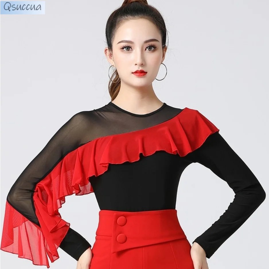 Нов стил, блуза за латино танци, модерен танцов костюм, окото на прежди, Елегантни къдрави ръкави, са червени ръкави средна дължина . ' - ' . 2