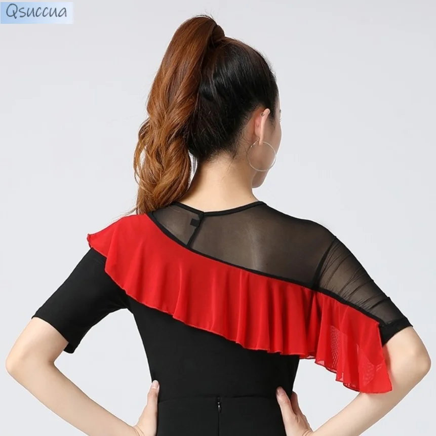 Нов стил, блуза за латино танци, модерен танцов костюм, окото на прежди, Елегантни къдрави ръкави, са червени ръкави средна дължина . ' - ' . 4