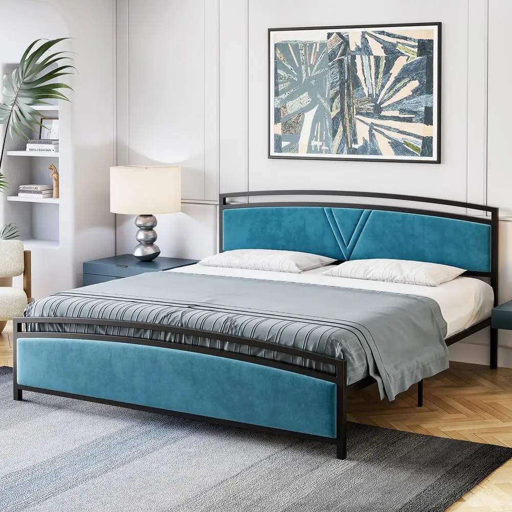 Модерно легло-платформа, живеейки кадифе, Рамка на легло с дугообразным таблата и опора за метални лайсни изножья . ' - ' . 0