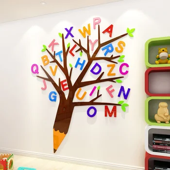 3D писмо Дърво Креативен САМ акрилни стикер на стената за детска стая, коридор, детска градина Спални Декорация на дома Стикери за стена