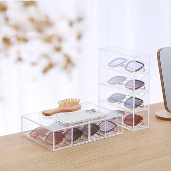 4-Слойная настолна кутия за очила, накладываемый прозрачен калъф за очила, компактен пылезащитная кутия за съхранение на слънчеви очила