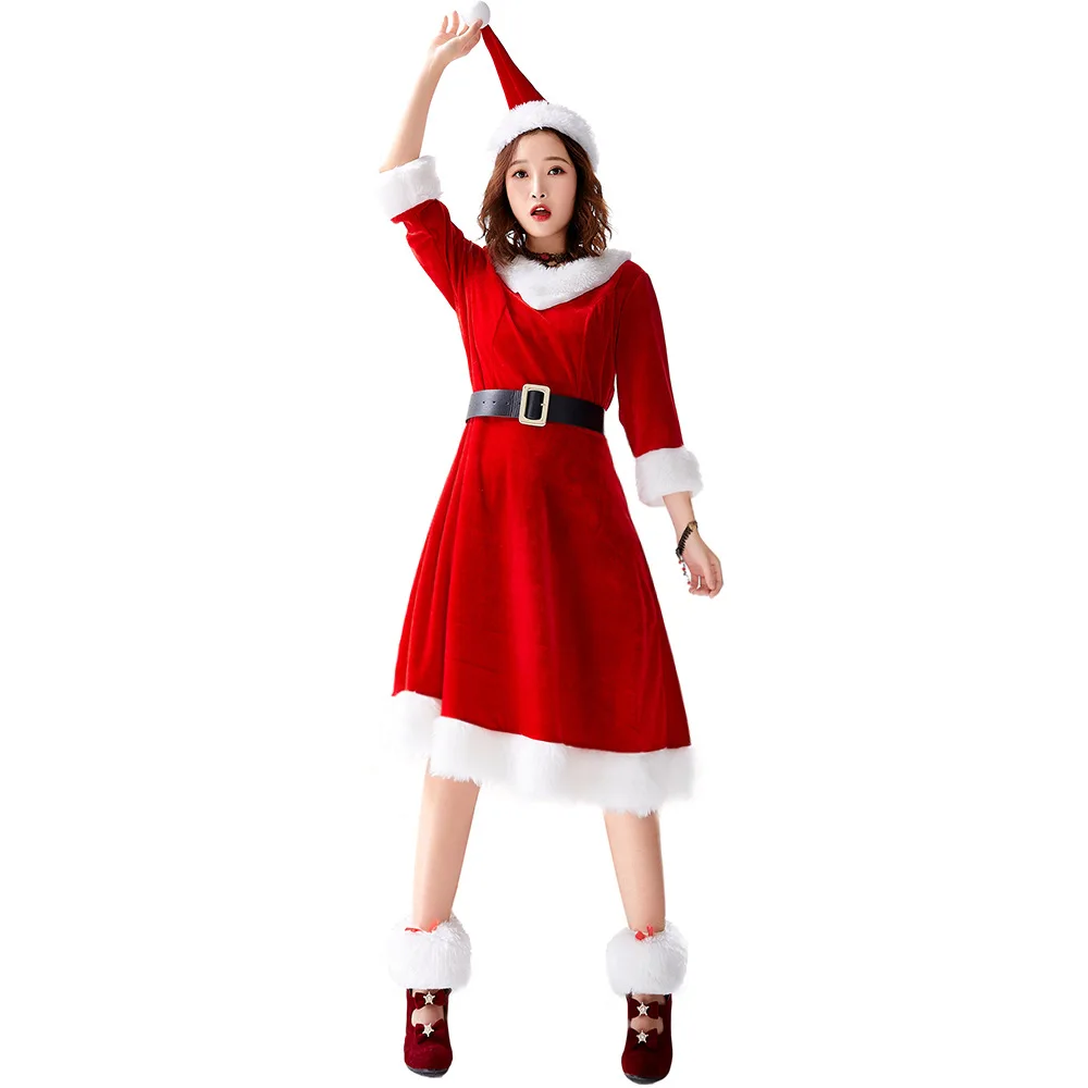 Коледна Женски Бархатное Коледа къса рокля от изкуствена Кожа с Шапка, Секси костюм за Cosplay, Японската зимни униформи с колан за крака . ' - ' . 4