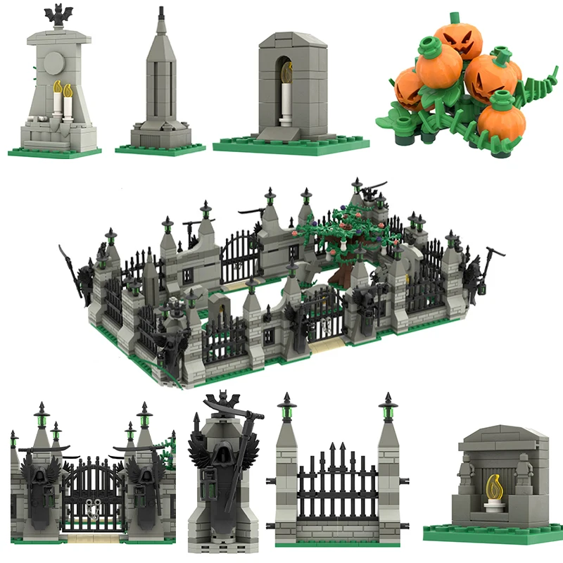 MOC Хелоуин Гробище градивните елементи на Къщата С Духове Имение Статуя на Смъртта Ограда Дърво Фигурки Скелети Тухли Играчки Подарък . ' - ' . 0
